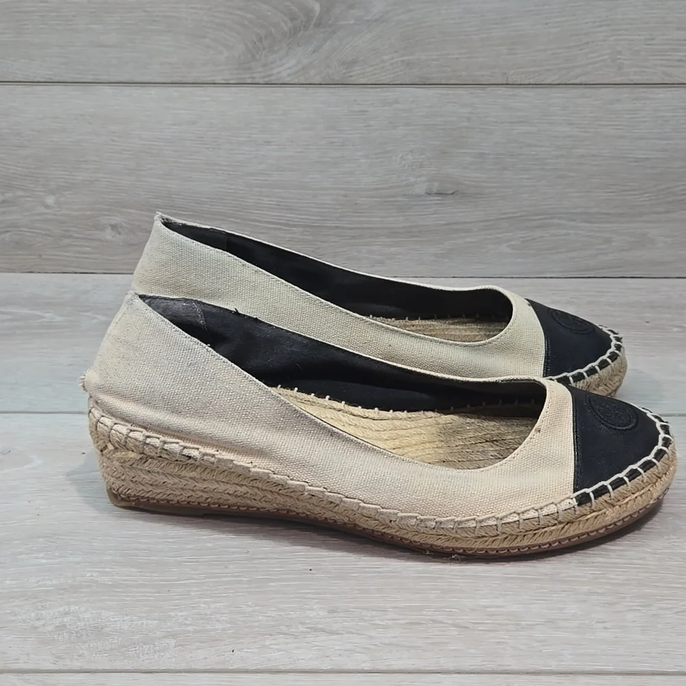 Tory Burch Women's Textile Espadrille Wedge Logo Shoes Sz 8M